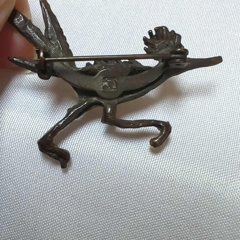 Vintage Tortolani Copper Tone Roadrunner Bird Pin Brooch with Faux Turquoise Eye